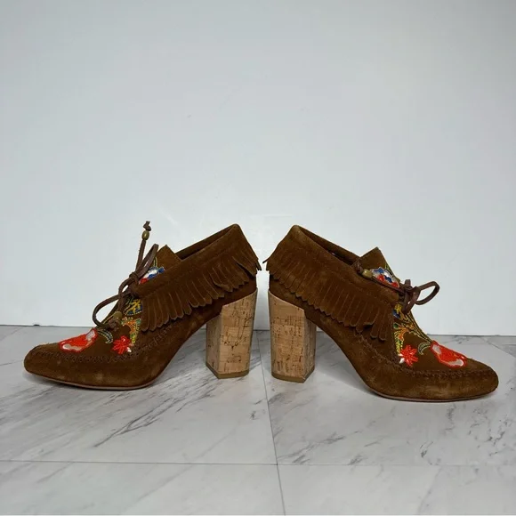 Tory Burch Huntington Fringe Brown Suede Beaded Bootie 5 1/2 M